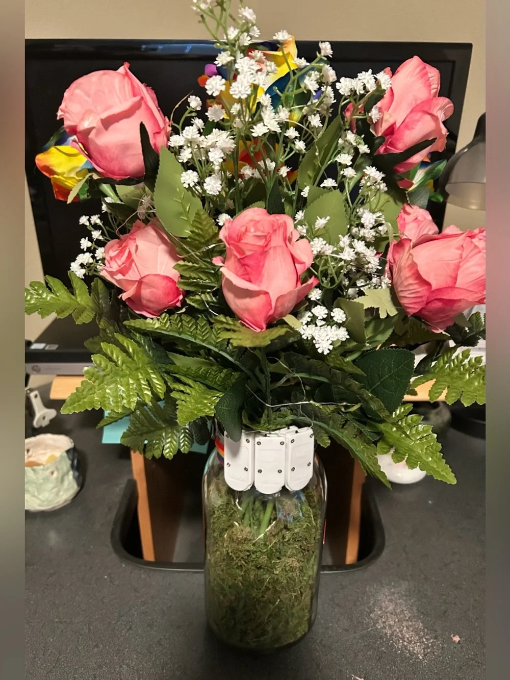 XL PRIDE FAUX FLORAL ARRANGEMENT/RAINBOW FAIRY LIGHTS/DOZEN ROSES/HANDMADE/NWT